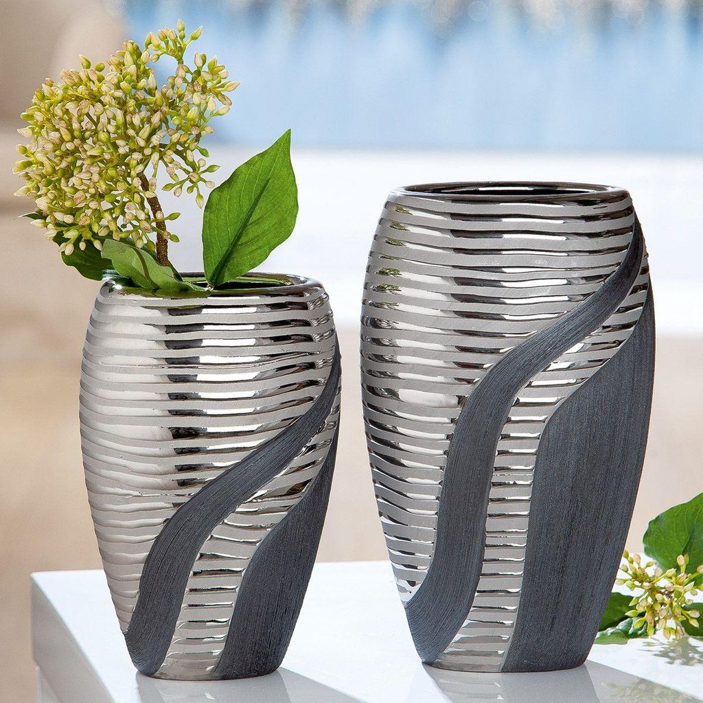 Gilde ovale Vase "Sevilla" anthrazit/silber Länge 8,5 cm Breite 14,5 cm Höhe 24,5 cm 28091