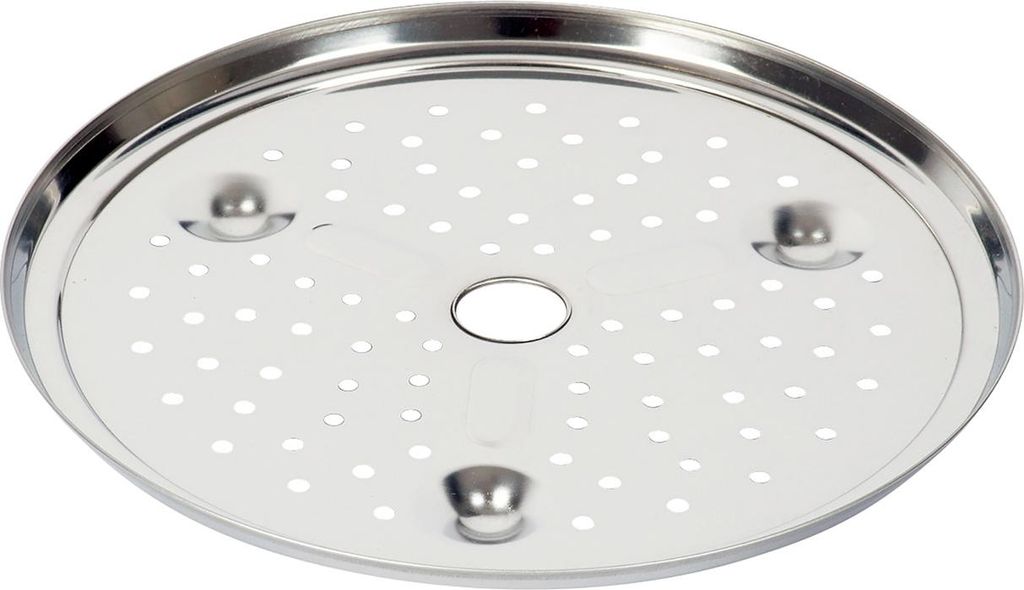 A close-up, top-down view of a round, perforated metal insert with a central hole and three raised supports.