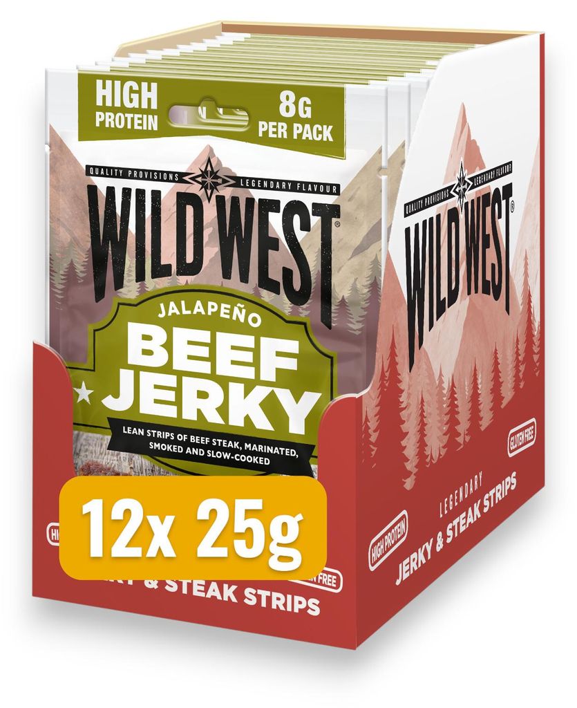12x Wild West Jalapeño Beef Jerky 25g – Scharfer Trockenfleisch Snack mit Jalapeño und BBQ-Würze