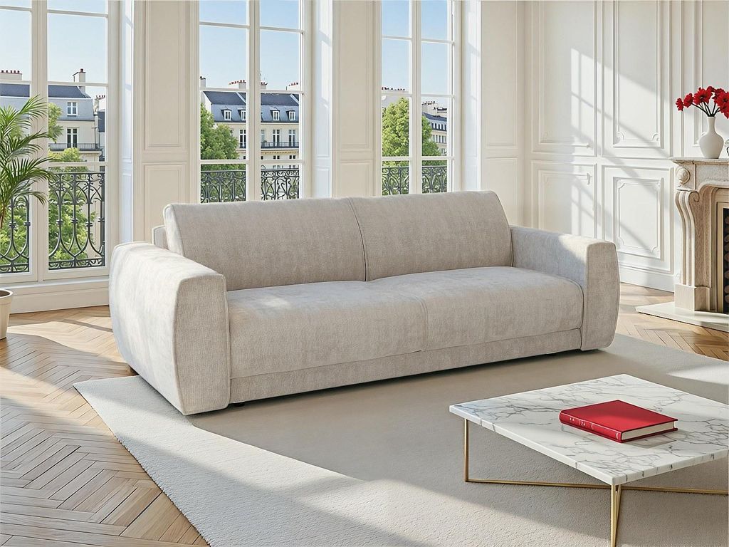 Sofa 3-Sitzer Schlafsofa Express - Chenille-Stoff Beige - Liegefläche 140 cm - Matratze 16 cm - VOMERA von Maison Céphy