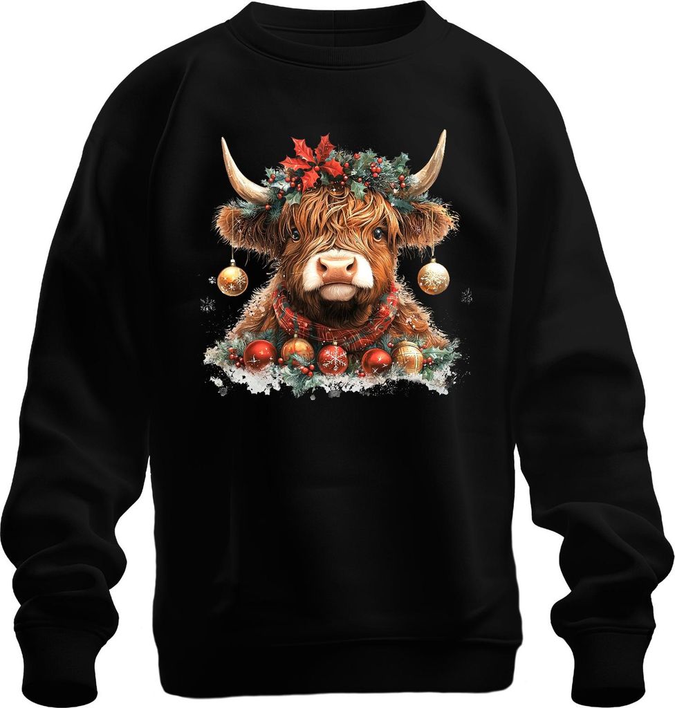 Highland Rind Weihnachten mit Kranz Stechpalme Schneeflocke Retro Uni Sweatshirt Pullover, Schwarz, 3XL