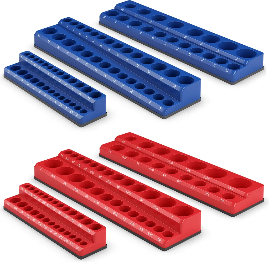 Support Douille Magnétique Rouge et Bleu pour Outils SAE Métriques 6 Rails