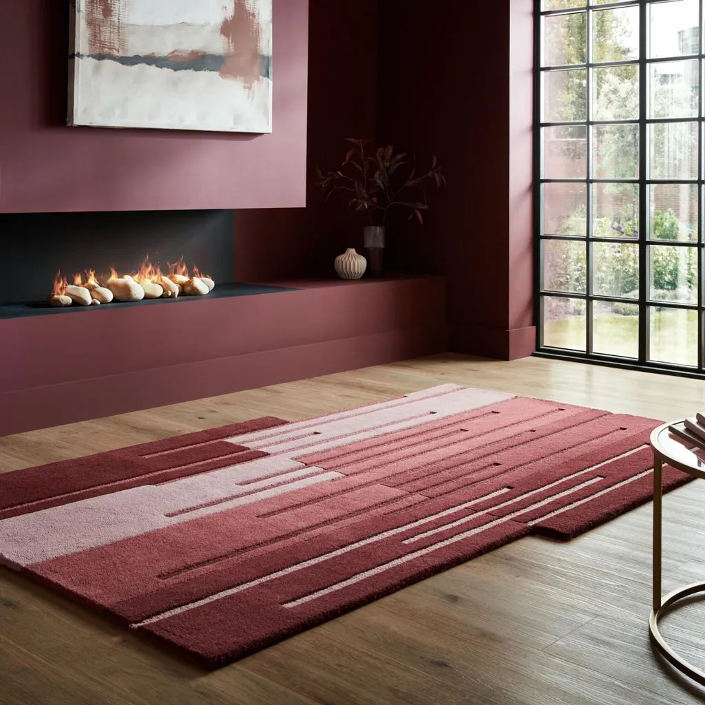Grand Tapis Tissé à la Main 150x240 - Design Abstrait Rouge Ombre Split