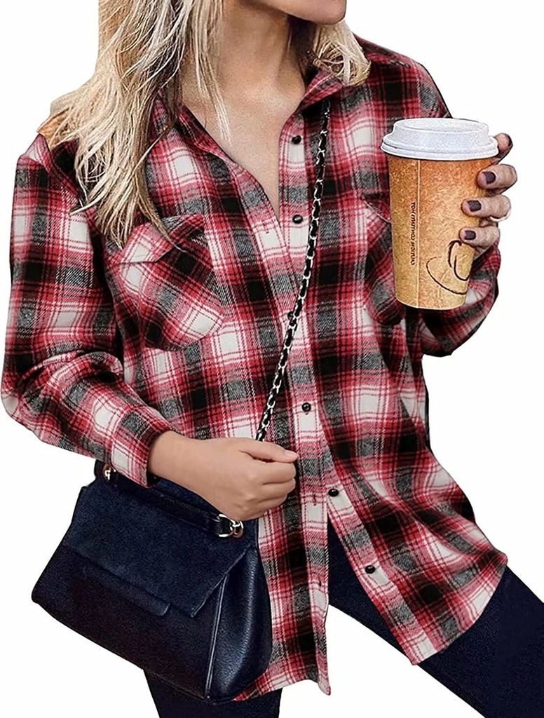 ASKSA Damen Bluse Casual Kariert Hemdjacke Knöpfe Langarmshirt Plaid, Rot, S