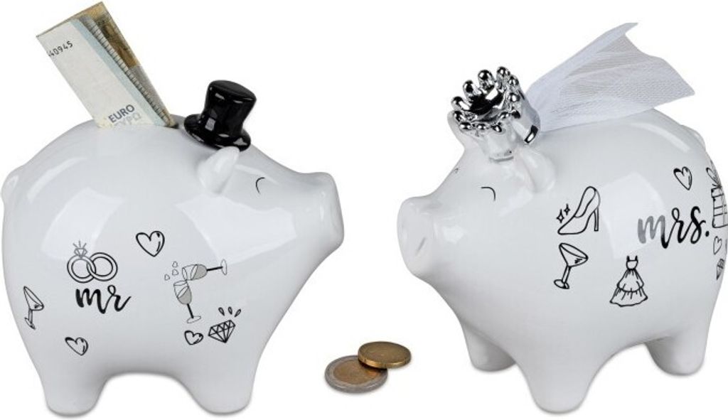 Formano 2 Stück Spardosen Sparschein 15cm Hochzeit, Mr. &Mrs. weiss m. gold, Porzellan, ca 15 cm - Geschenke zur Hochzeit