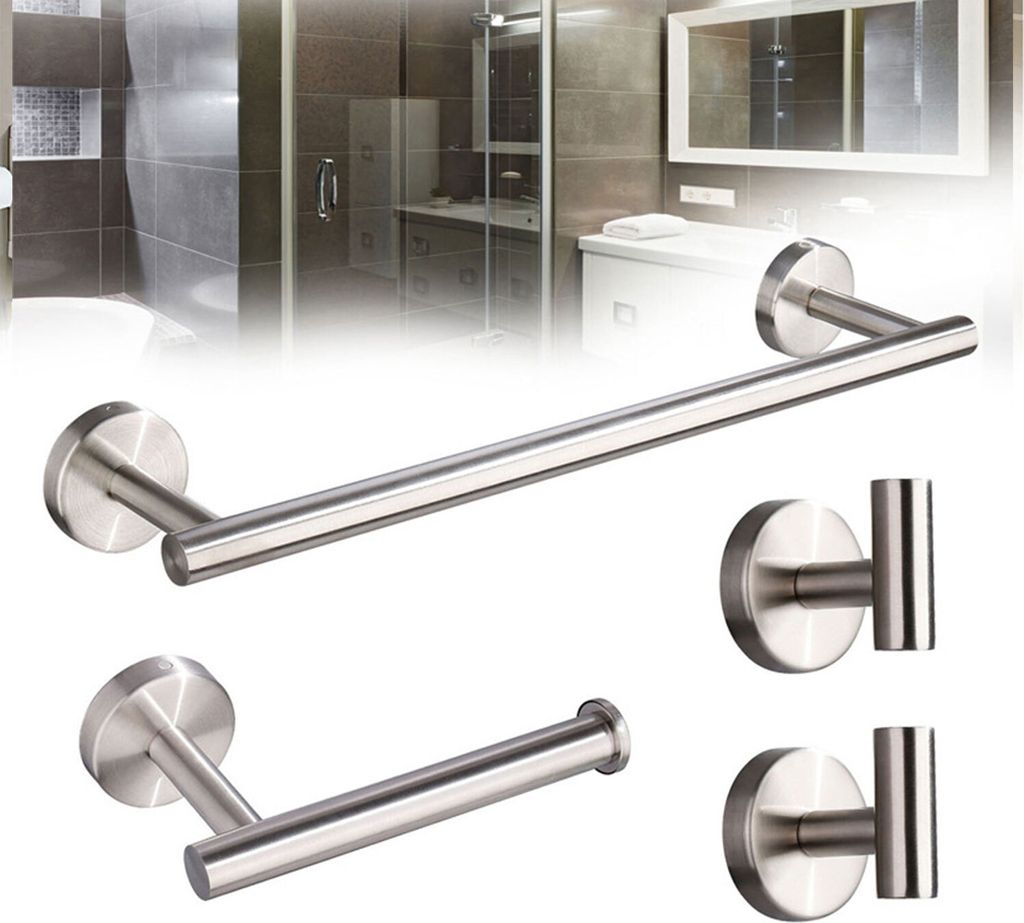 4-teiliges Edelstahl Küche Badezimmer-Hardware-Set, Papierhalter, Handtuchhalter, Haken,Farbe: Silber