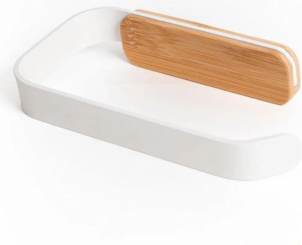Porte-papier toilette autocollant en acier blanc et bambou mat - 16cm