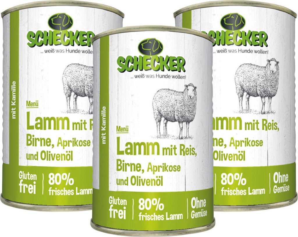 3 x 410 g - Schecker Hundemenü Nassfutter - Lamm mit Reis, Birne, Aprikose und Olivenöl