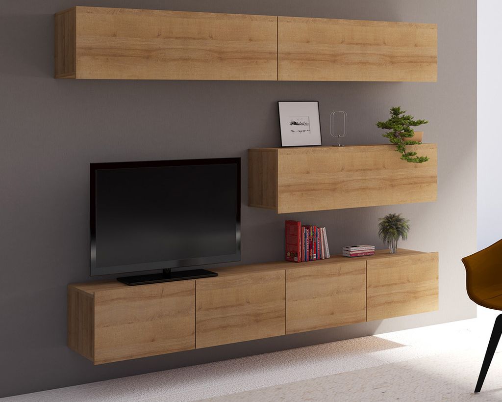 Wohnwand Amanda V, Wohnzimmer-Set, Moderne Anbauwand, Schrankwand, Mediawand (Eiche Gold)