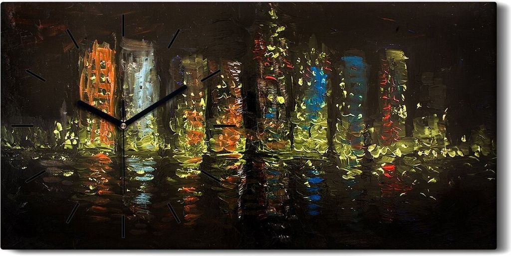 Küchenuhr Bürouhr Leinwand Uhr 60x30 Malerei Abstrakte Stadt Gebäude Lichter - schwarze Hände