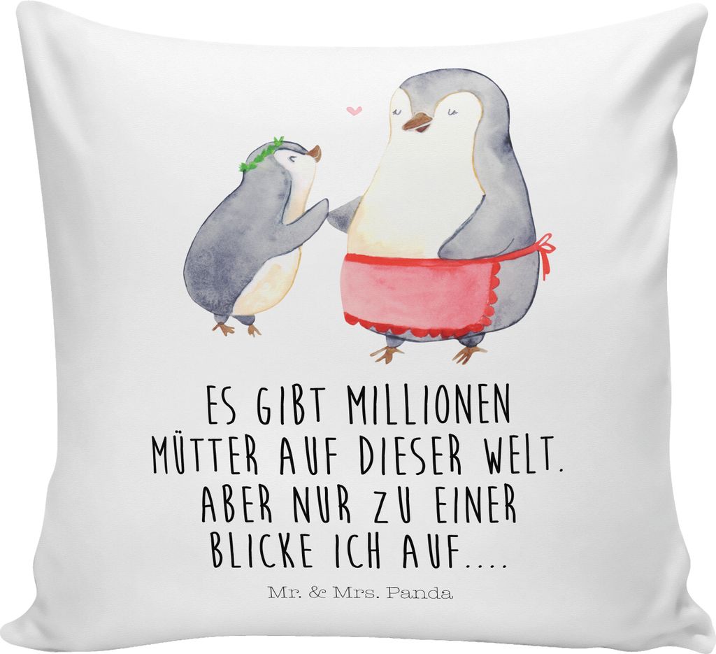 Mr. & Mrs. Panda Kissen 40x40 Pinguin mit Kind - Weiß - Geschenk, Familie, Mutter, Kuschel, Muttertag, kuschelkissen, Vorbild Mama, Polster, Sofak...
