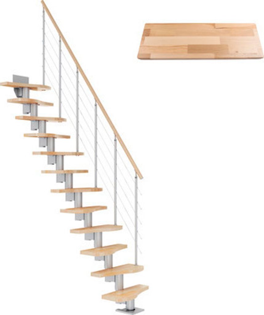 Pertura Mittelholmtreppe Raumspartreppe Vaia Perlgrau Variabel variabel 1/4 gewendelt unten links/rechts Gerade 64 cm Stabgeländer Buche Leimholz ...