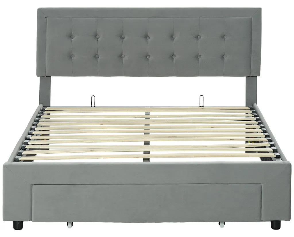 Lit double gris velours à tête réglable avec rangement coffre intégré
