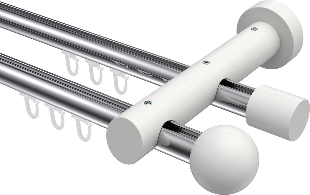Interdeco Innenlaufstange / Gardinenstange mit Innenlauf Chrom / Weiß, Typ Talent Luina (Kugel), 20 mm Ø 2-läufig, 120 cm