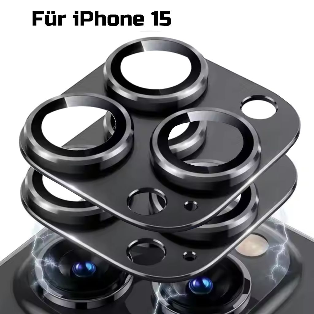 A product shot of camera lens protectors for an iPhone 15, stacked on top of each other.