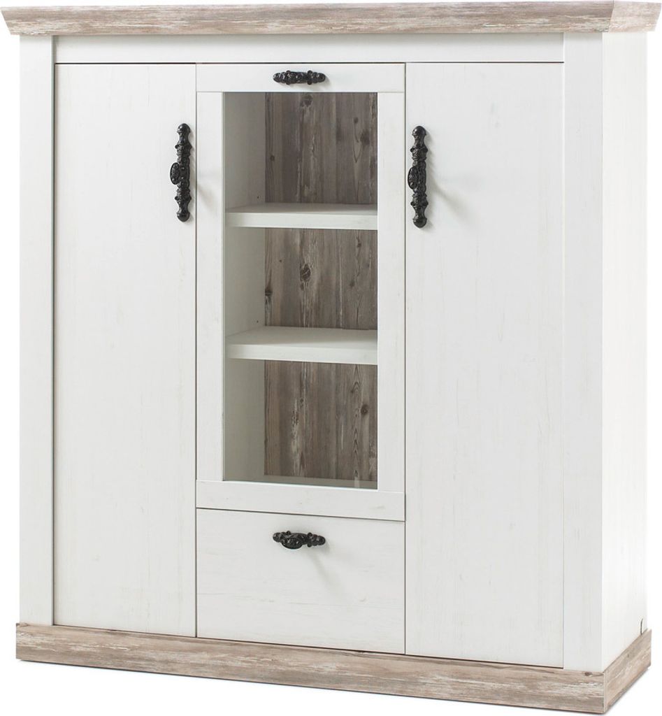 Highboard FERNA-61 im Landhaus Stil Pinie weiß Nb. und Oslo Pinie dunkel inkl. LED B/H/T ca. 140x146x44cm