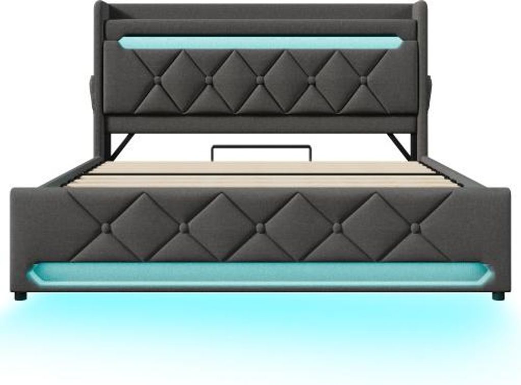 Polsterbett Doppelbett 140x200cm Ohne Matratze Stauraum Kopfteil USB Typ-C 360 LED Funktion Grau Leinen Funktionsbett Jugendbett Gaestebett