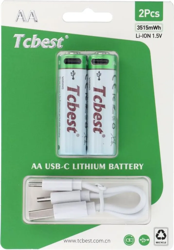 TCBEST Batteria Ricaricabile AA 950mAh USB-C - Kit 2 Pezzi con Cavo