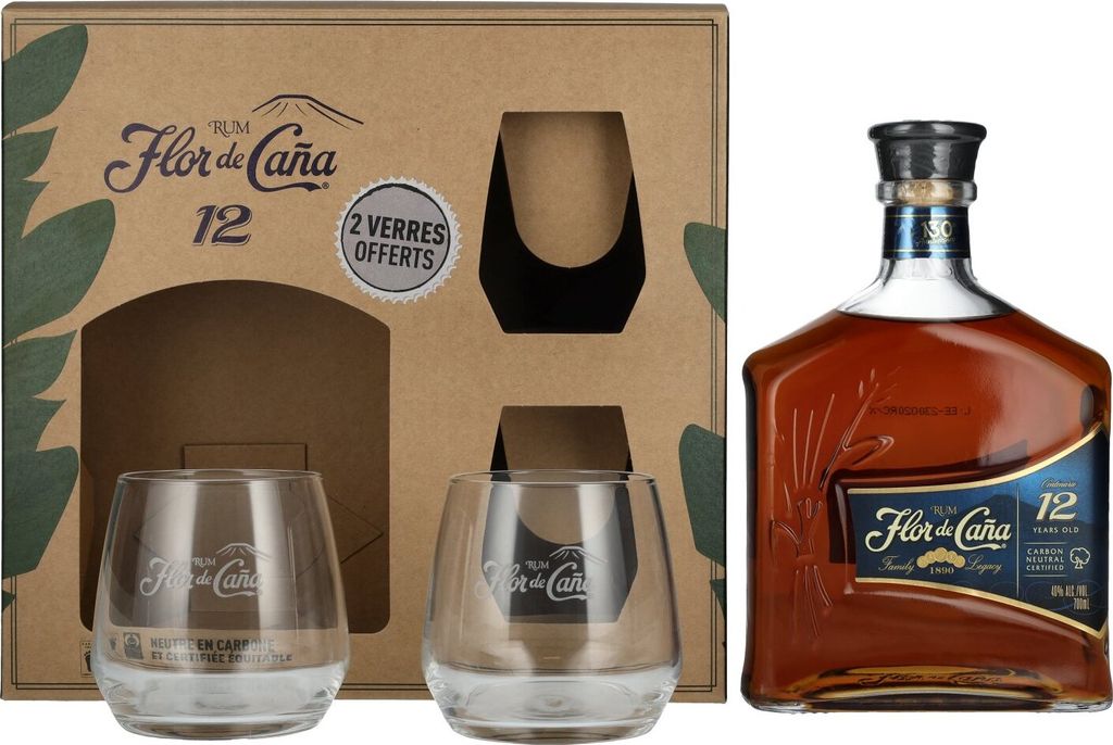 Flor de Caña Centenario 12 Years Old Rum 40% Vol. 0,7l in Geschenkbox mit 2 Gläsern