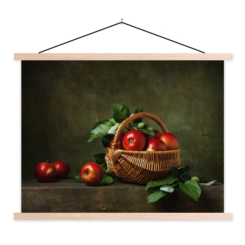MuchoWow Textilposter Rustikal - Apfel - Obst - Rot - Korb - Stilleben 60x45 cm mit holzfarbenen Rahmen - Bild