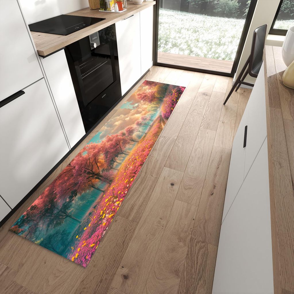 Küchenteppich 60x240cm rutschfest & abwischbar PVC Läufer - Blühender Weg