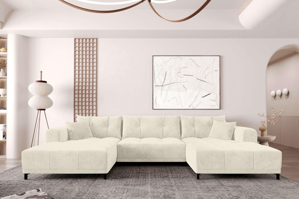 99rooms Massimo Wohnlandschaft Cordstoff POSO Creme mit Schlaffunktion