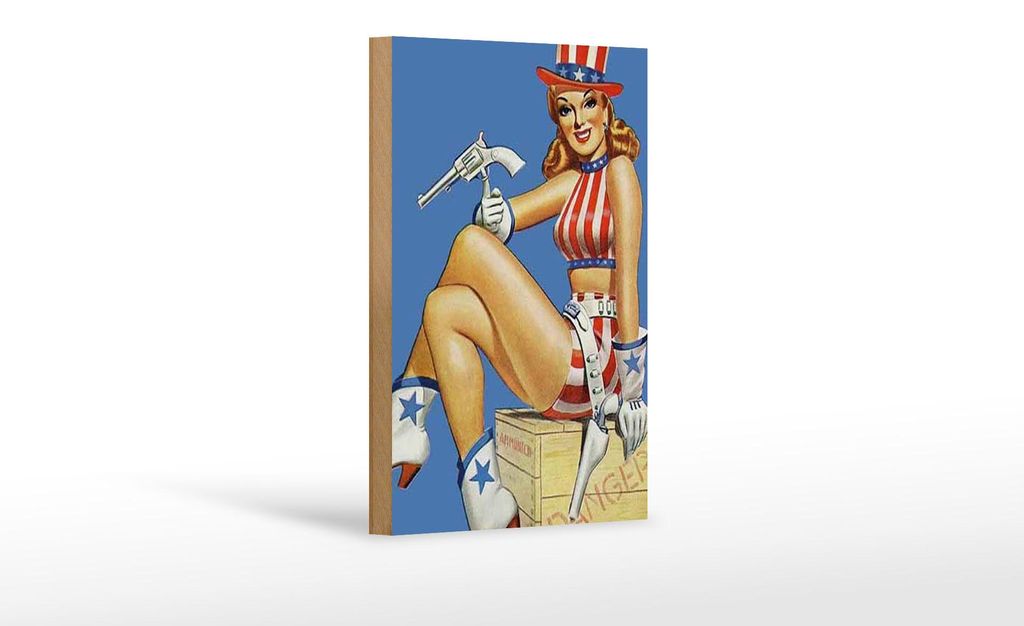 Holzschild Pin Up 12x18cm danger Cowgirl USA Pistole