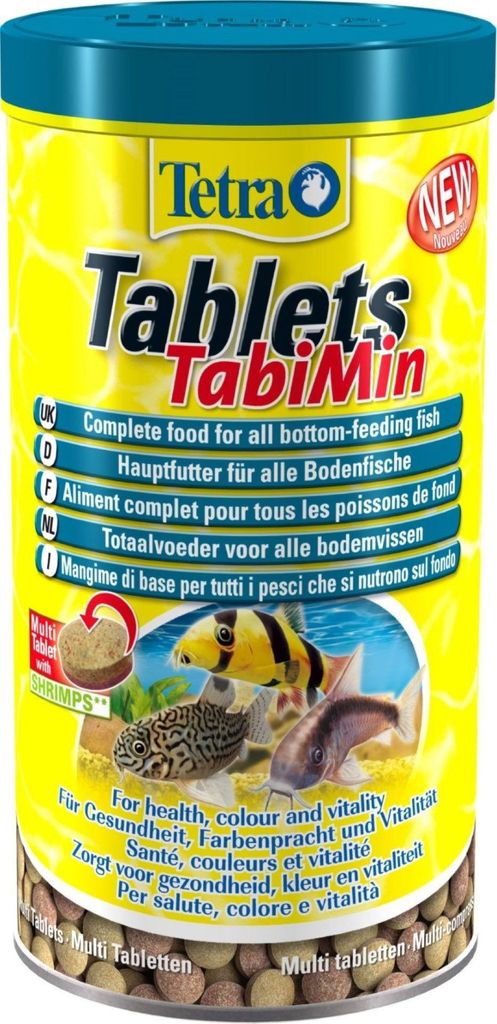 A cylindrical container of Tetra TabiMin fish food.