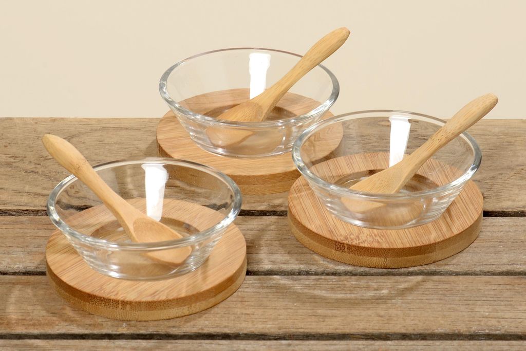 Servierplatte Glas Tablett Holzuntersetzter Löffel 9 teilig
