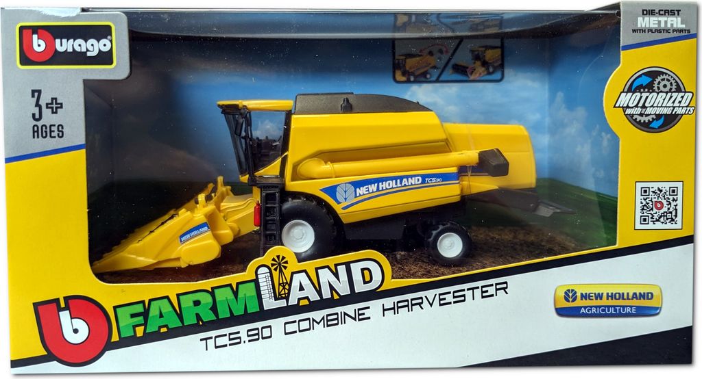 A toy combine harvester in its retail packaging.