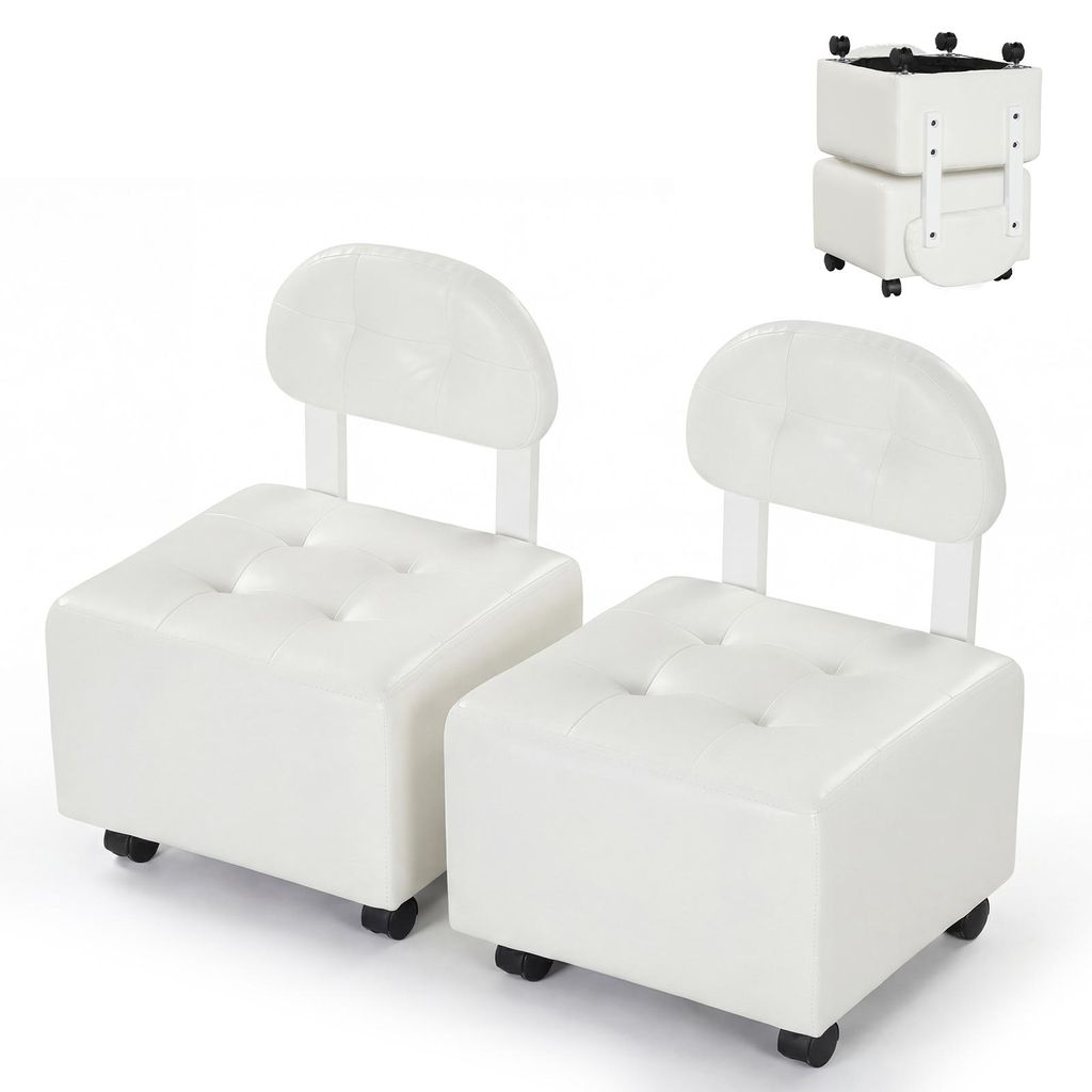 COSTWAY 2er Set Sitzhocker mit Rückenlehne, Hocker mit Kunstlederbezug & Gummibaumholzbeinen, Kleiner Fußhocker bis 150 kg, Polsterhocker, Weiß