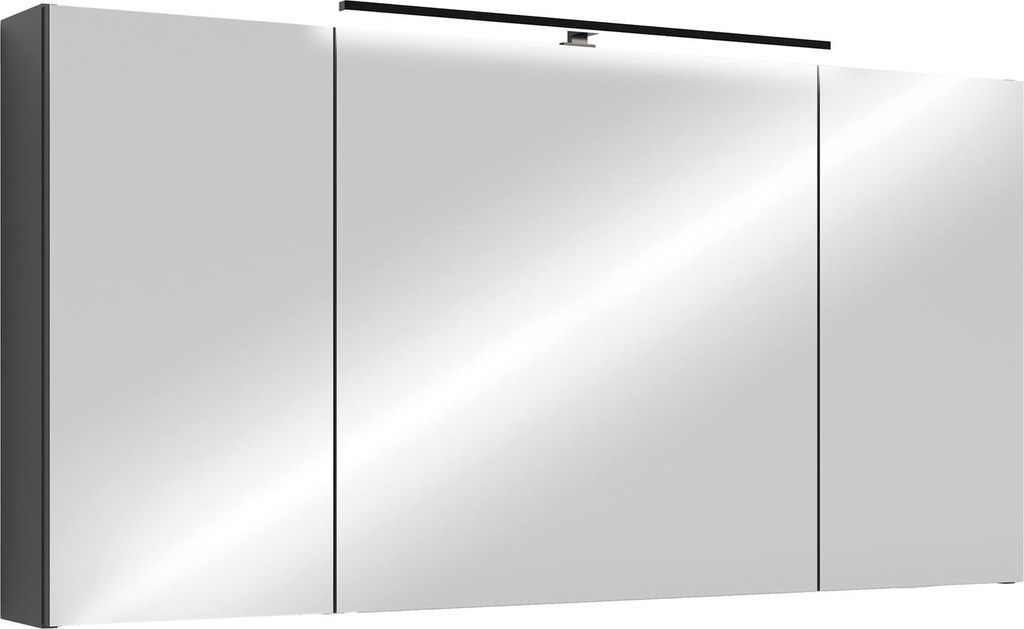 A modern, triple-door mirrored bathroom cabinet with an integrated LED light bar.