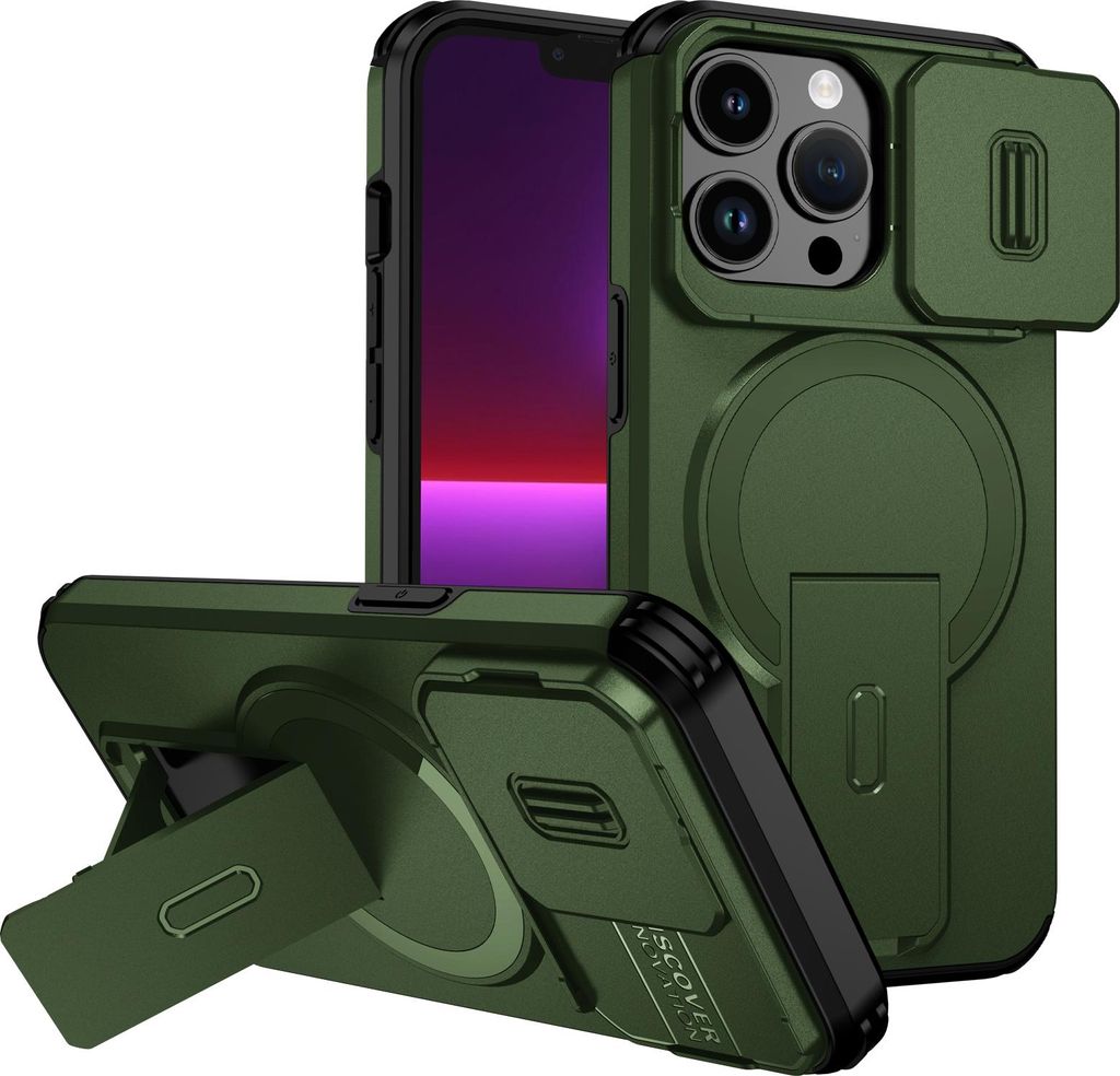 Magnetisch Hülle für iPhone 13 Pro, Dual Layer Stoßfest Handyhülle mit Dia Kameraschutz, Verstellbarem Ständer Grün