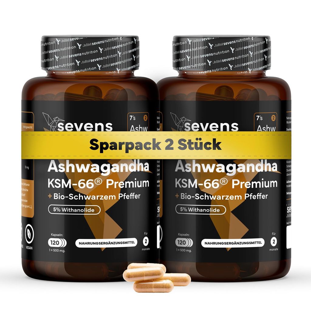 Pack 2x Ashwagandha Kapseln Hochdosiert - 600 mg Ashwagandha KSM-66 - Hohe Bioverfügbarkeit - Mit Schwarzem Pfeffer - 5 % Withanolide - Für Bal...