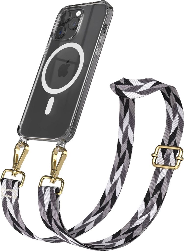 EAZY CASE - Handykette mit MagSafe Hülle für Apple iPhone 15 Pro Max, Handyband Mix Style, Karabiner Gold, Umhängeband in Schwarz