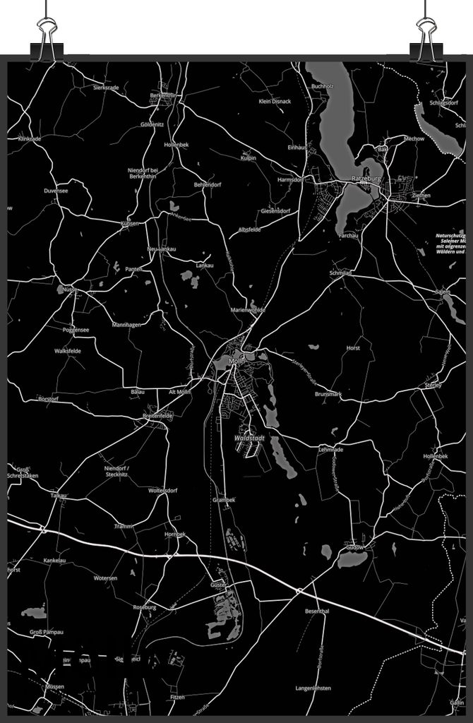 Mr. & Mrs. Panda Bild Mölln DIN A4 - Geschenk, Stadt Dorf Karte Landkarte Map Stadtplan, Wanddekoration, wanddeko, Wandbild, Posterdruck, drucke