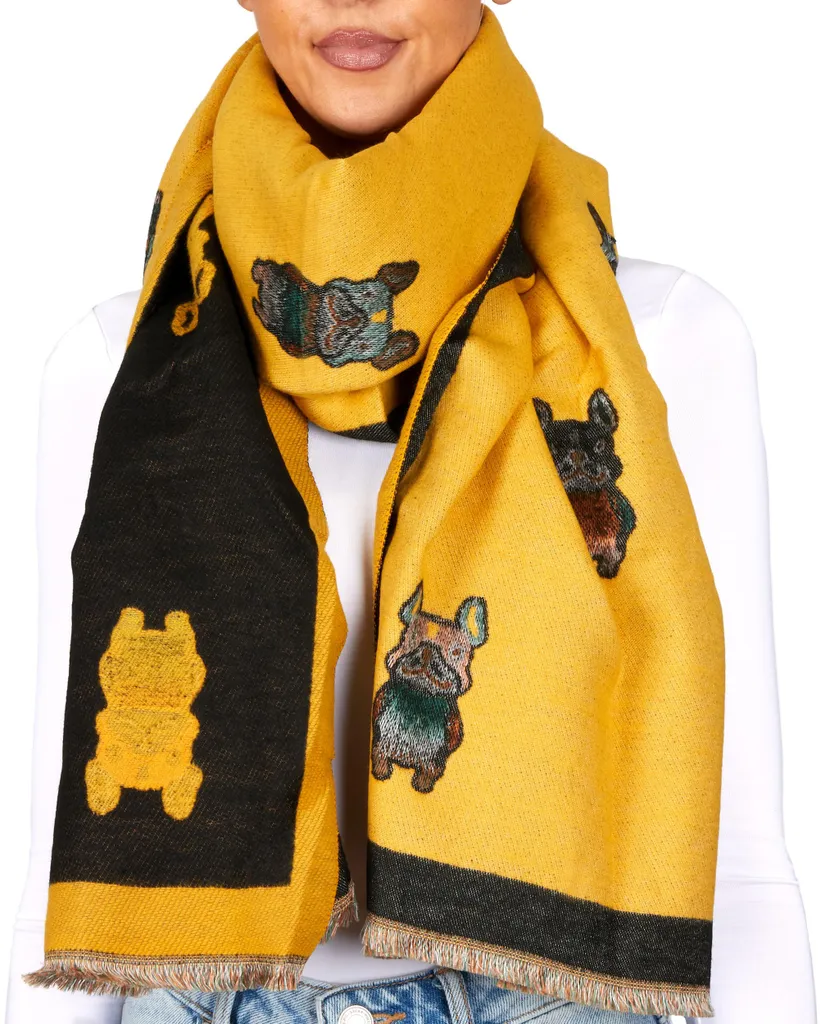 Sciarpa Lunga Donna GlamLondon Con Stampa Bulldog Francese, Morbida E Leggera, 80x180 Cm, Idea Regalo