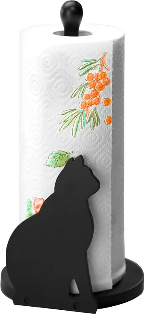 WENKO Kitchen Roll Holder Cat Design - Black Wood Support Decor