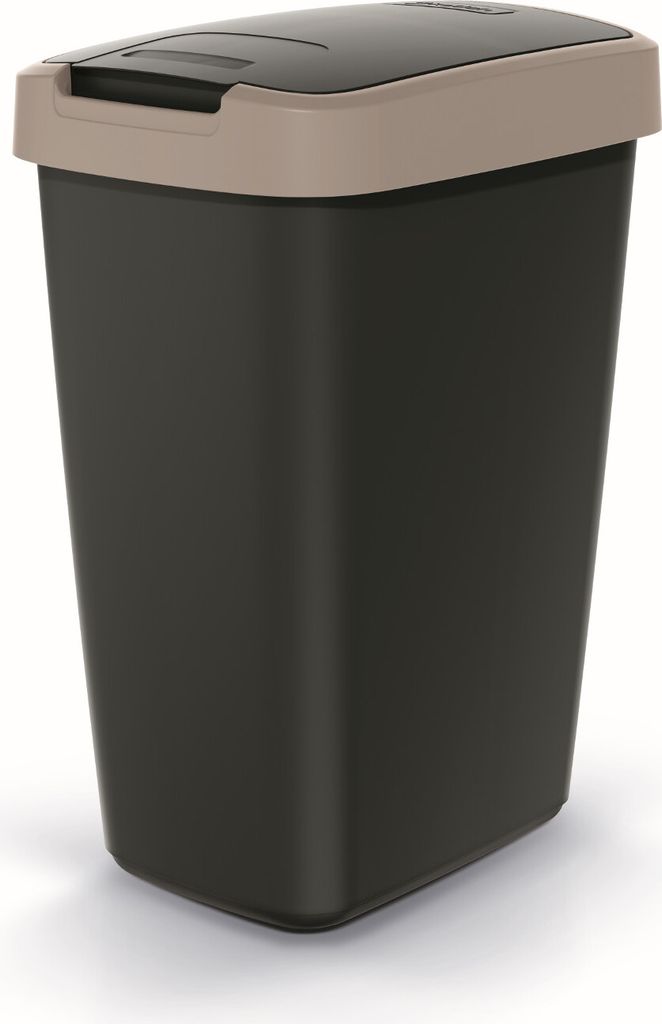 A black trash can with a tan lid and rim, shown from a front-side angle on a white background.