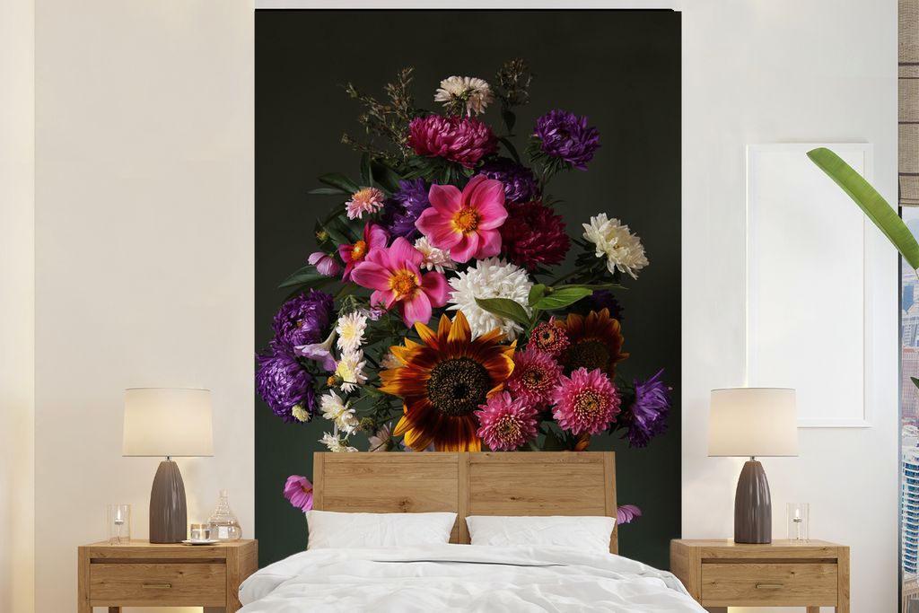 MuchoWow Fototapete für Wohnzimmer oder Schlafzimmer Wandtapete Vinyl Motivtapete Blumen - Stillleben - Farbe - 225x350 cm - Schlafzimmer tapete