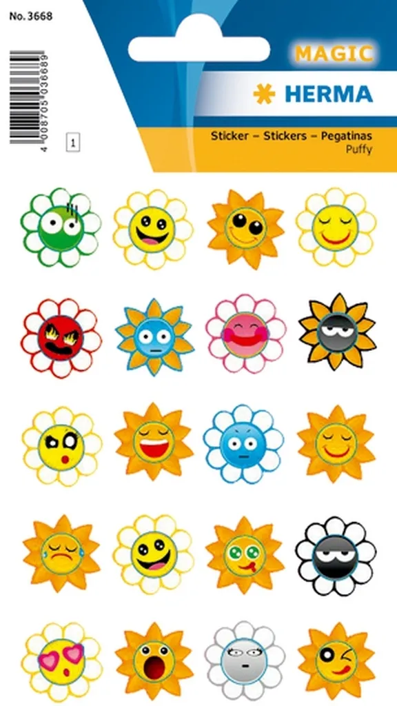 Stock 10 Fogli Etichette Puffy Magic Crazy Suns - Fornitura Scuola