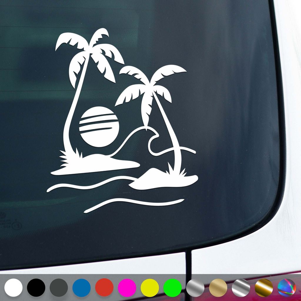 PantherPixel Palmen Aufkleber Meer Camping Bus Reisen Sonne Strand Sticker Auto Geschenkidee Farbe Weiss