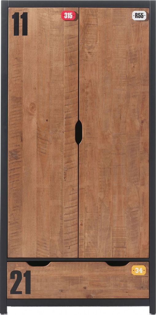 Kleiderschrank Kameko 100x55x200 2-türig MDF+Massivholz Schwarz/Cognac