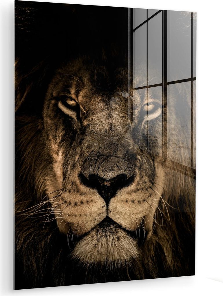 MuchoWow Glasbilder - Bilder auf Wandbild - Foto auf Glas Löwe - Tiere - Schwarz - Porträt 60x80 cm Wanddekoration aus Glas - Acrylglasbild - Acr...