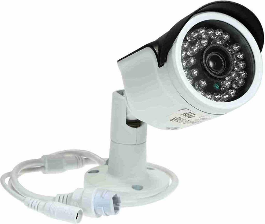 A white bullet security camera with infrared LEDs and a black sunshade is shown against a white background.