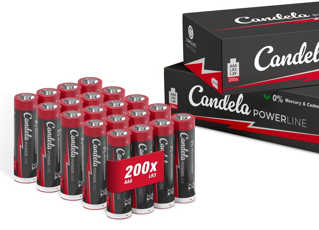 Candela Lights Powerline Batterien AAA, 200er Pack, 1,5V Leistungsstark und langlebig, AAA (LR3) Batterie für Haushalt und Büro