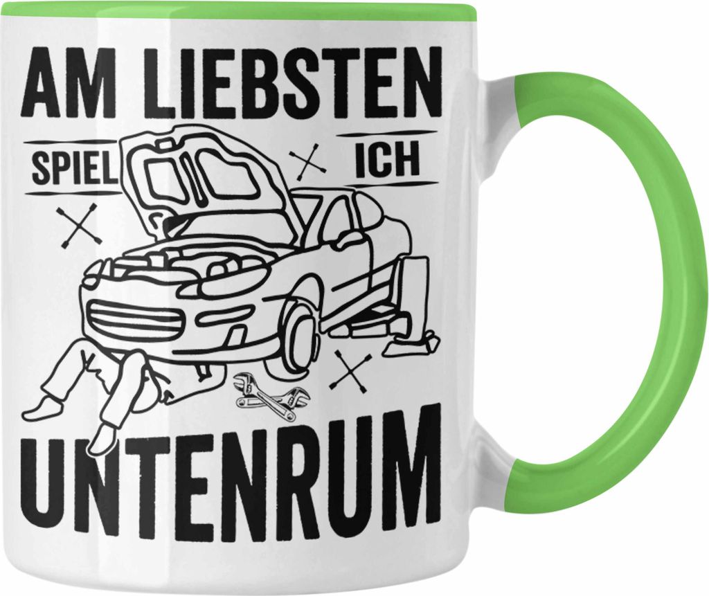 Trendation - KFZ Mechaniker Tasse Geschenk Spruch Männer KFZ Mechatroniker Geschenkidee Becher Werkstatt Am Liebsten Spiel Ich Untenrum (Grün)