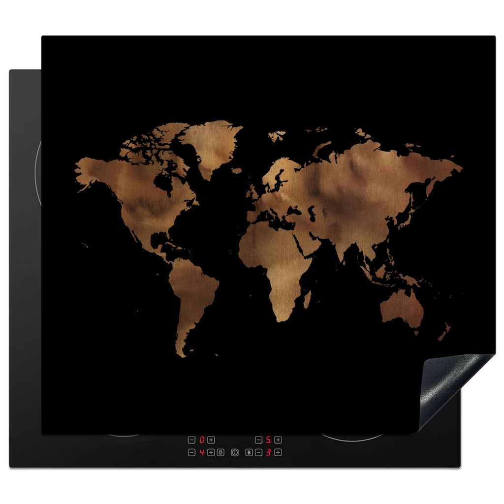 KitchenYeah Herdabdeckplatte Weltkarte - Schwarz - Bronze , 59x52cm, Küche Deko, Glaskeramikkochfeld Herdabdeckung, Abdeckplatte fùr Kochfeld