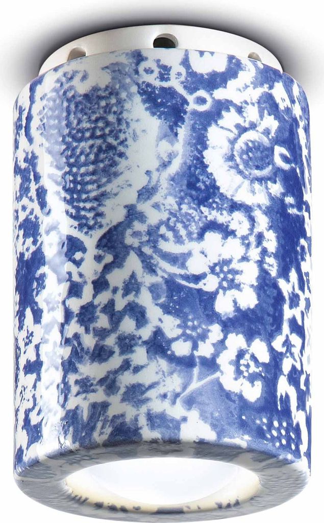 Spot Leuchte Decke Keramik D: 8,5 cm rund Aufputz Blau Muster E14 Retro Design Keramikleuchte