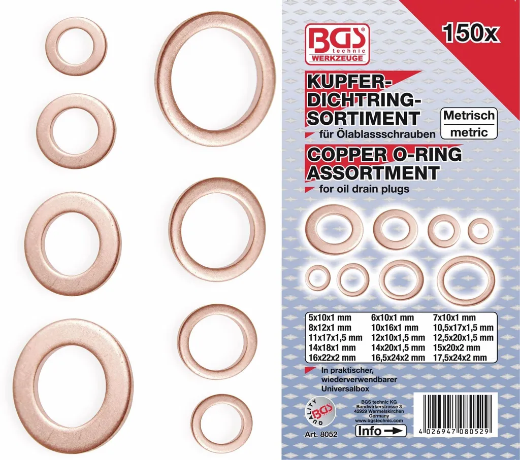 Joints en Cuivre Malléable BGS 8052 - Kit de 150 Bagues Multi-Dimensions